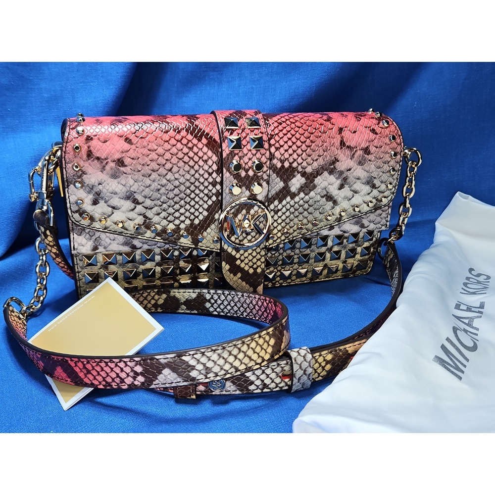 Michael Kors Greenwich Dahlia Studded Snakeskin Purse Ombre Convertible Leather - Picture 2 of 16